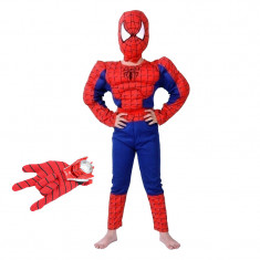 Set costum clasic Spiderman cu muschi IdeallStore®, 3-5 ani, 100-110 cm, rosu si manusa cu discuri