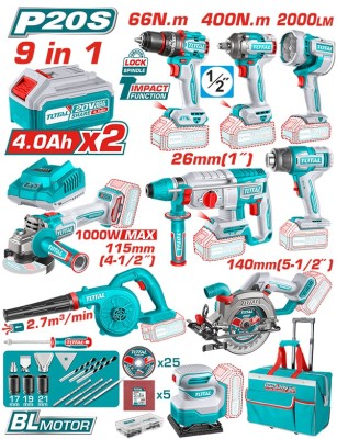 TOTAL - KIT COMBO 20V -4.0Ah - BORMASINA, MASINA INSURUBAT,POLIZOR UNGHIULAR, ROTOPERCUTOR, FIERASTR PowerTool TopQuality foto