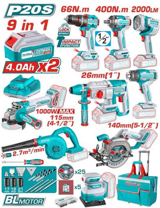 TOTAL - KIT COMBO 20V -4.0Ah - BORMASINA, MASINA INSURUBAT,POLIZOR UNGHIULAR, ROTOPERCUTOR, FIERASTR PowerTool TopQuality