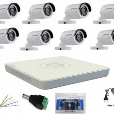 Sistem supraveghere profesional Hikvision cu 8 camere video de 2MP FULL HD IR 20m, accesorii montaj incluse