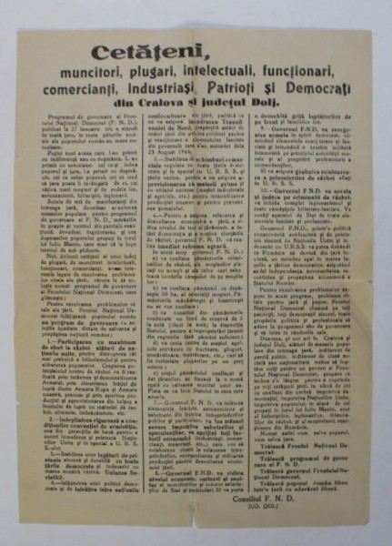 AFIS ELECTORAL ALCONSILIULUI FRONTULUI NATIONAL DEMOCRAT , JUDETUL DOLJ , ANII &#039;40