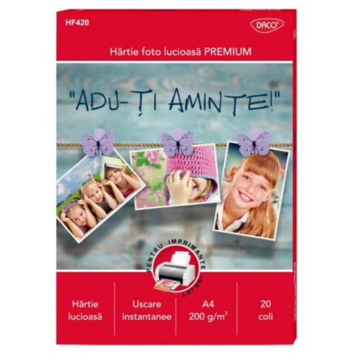 Hartie Foto A4 DACO, 20 Coli/Top, 200 g/m&sup2;, pentru Imprimanta Ink-Jet, Hartie Foto, Hartie Foto A4, Hartie Foto Lucioasa, Hartie Foto Glossy, Hartie F