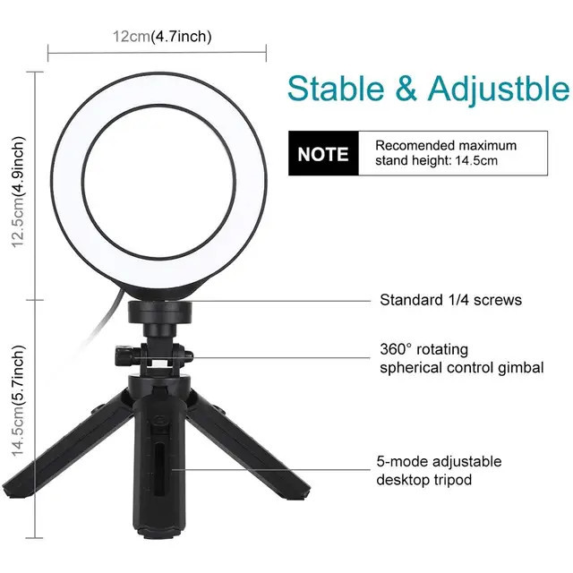 Inel LED L pentru selfie, 4,7 / inch, USB, 3 moduri reglabile, kit suport trepie