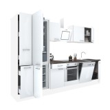 Mobilă de bucătărie Yorki 310, corp alb, față alb satinat, element cuptor inferior, frigider congelator inferior