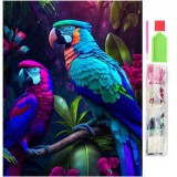 Set de broderie cu diamante 5D, model Papagali, 30x40 cm, accesorii incluse, multicolor
