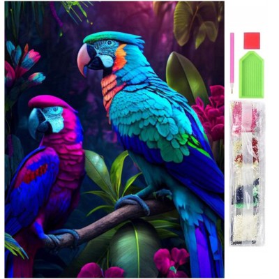 Set de broderie cu diamante 5D, model Papagali, 30x40 cm, accesorii incluse, multicolor foto