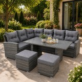 Set mobilier de gradina coltar 4 piese cu masa si 2 tabureti, ratan PE, gri