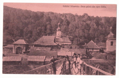 1368 - Schitul SIHASTRIA, Neamt, Ethnic on the bridge - old postcard - unused foto