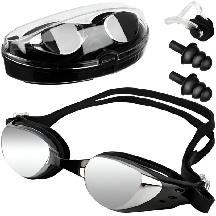 Set de Inot, Ochelari Anti-Aburire si Protectie UV, Lentile Oglinda Polarizate, Dopuri Urechi Moi Ajustabile, Cleste Nas, pentru Profesionisti si Amat