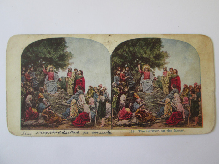 Fotografie stereos.policromă pe carton 178 x 86 mm:Predica lui Iisus de pe munte