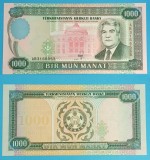 Bancnota Turkmenistan 1000 Manat 1995 Turkmenbasy UNC AB3166565 P#8 Saparmyrat Nyyazow Emblema Stat Akhal-Teke