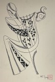 Lucrare grafică Al. Tipoia (1914 - 1993), C&acirc;ntăreață la harfă, tuș pe carton subțire, 29 x 21 cm, artist roman / arta romaneasca