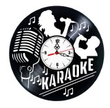 Ceas de perete decorativ &ldquo;Karaoke Night&rdquo;, lucrat manual din disc de vinil (Vinyl Record), design muzical cu microfon, Negru, 30 cm