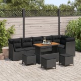 Set de canapea de gradina Gossi cu 10 piese cu perne negru ratan polimeric acacia, set de dining de gradina Gossi cu 4 piese cu perne negru ratan poli