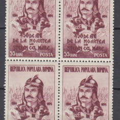 ROMANIA 1954 LP 364 - 450 ANI MOARTEA LUI STEFAN CEL MARE BLOC 4 TIMBRE MNH