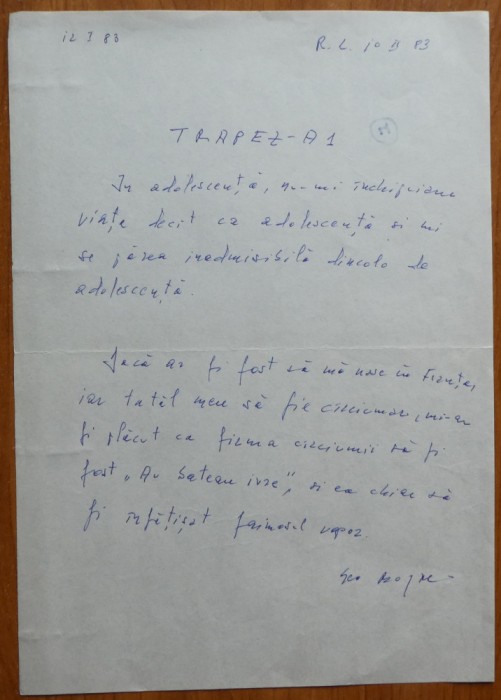 Manuscris olograf Geo Bogza, Trapez, o pagina
