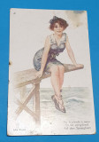 Carte Postala veche anii 1920 domnisoarala malul marii, Circulata, Sinaia, Printata