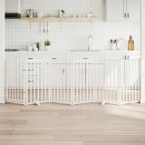 vidaXL Poartă c&acirc;ini pliabilă cu ușă, 6 panouri, alb, 300 cm, lemn brad