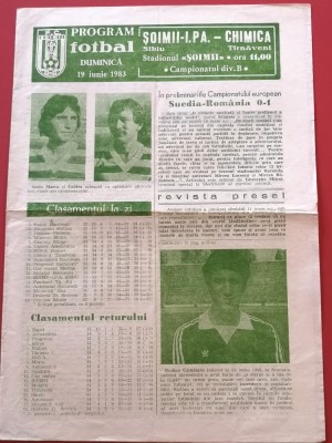 Program meci fotbal FC &amp;quot;SOIMII&amp;quot; IPA SIBIU - CHIMICA TIRNAVENI(19.06.1983) foto