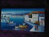 Tablou vintage pictat pe panza cu cadru lemn fara rama,pictura IN PORT Vapoare, Arbori, Ulei, Realism