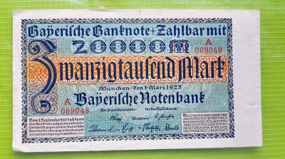 E565-I-BANCNOTA VECHE 20000 MARCI 1923 BANCA BAYERN GERMANIA GRAFICA FRUMOASA. foto