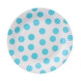 Set 6 Farfurii aniversare GoDan Party cu buline bleu, 18cm, carton, alb