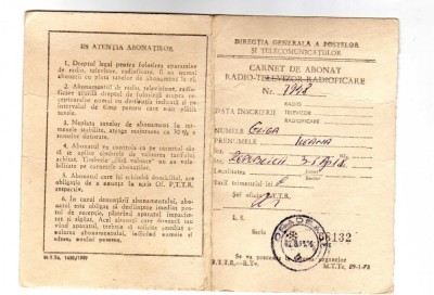 CARNET DE ABONAT TELEVIZIUNE RADIO TV TIMBRU FISCAL DIR POST TELECOMUNICATIILOR foto