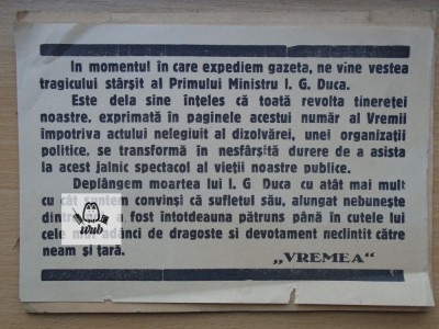 Editie speciala Vremea 1933 - asasinarea premierului I G Duca foto