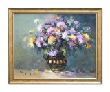 Tablou cu flori multicolore pictat manual inramat, Beatitudine, 55x45cm ulei pe panza, rama din lemn, Geo Ungureanu
