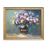 Tablou cu flori multicolore pictat manual inramat, Beatitudine, 55x45cm ulei pe panza, rama din lemn, Geo Ungureanu