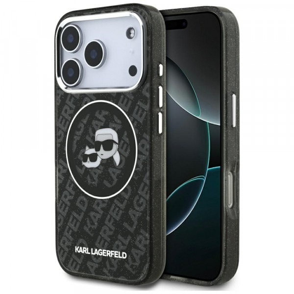 Husa MagSafe pentru Apple iPhone 17 Pro, Karl Lagerfeld, Glitter Karl &amp; Choupette Head, Neagra