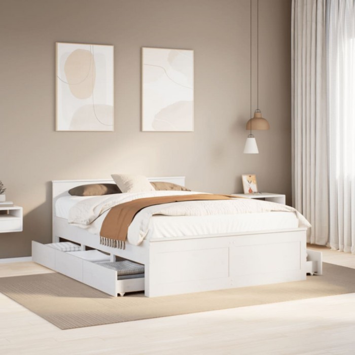 Gossi cadru pat fara saltea/cu tablie, alb, 140x190cm, lemn masiv pin