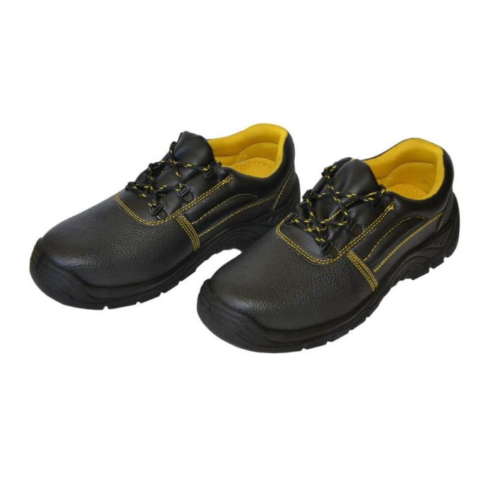 Pantofi de Protectie PROTEK Marimea 41, cu Bombeu Metalic, Piele de Bovina, Negru/Galben, Pantofi cu Intaritura Metalica in Varf, Pantofi de Lucru cu