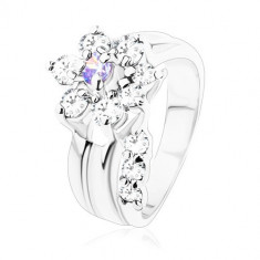 Inel strălucitor, codiţă de floare îndoită, floare din zirconii de culoare violet deschis şi transparent - Marime inel: 49