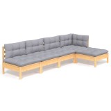 Set mobilier gradina cu perne gri, 5 piese, lemn masiv de pin