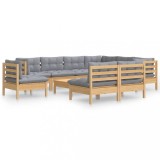 Set mobilier gradina cu perne, 10 piese, gri, lemn masiv pin