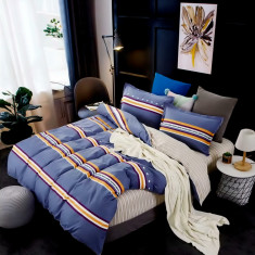 Lenjerie de pat pentru o persoana cu husa elastic pat si fata perna dreptunghiulara, Victoria Falls, bumbac mercerizat, multicolor