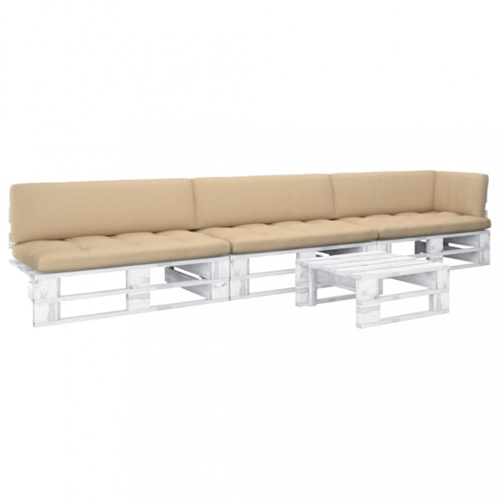 vidaXL Set mobilier din paleți cu perne, 4 piese, alb, lemn pin tratat 3066712