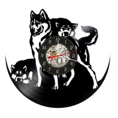 Ceas de perete decorativ realizat manual din disc de vinil, handmade, tematica Caine Husky Siberian, ideal cadou pentru iubitori de animale, Negru, 30