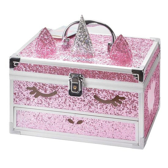 Trusa metalica cu accesorii pentru machiaj si unghii, Unicorn Big Glitter Case, fetite, Martinelia