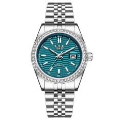 Ceas Barbati Lige 6813 Argintiu-Cyan , Ceas Mecanic, Design Business, Functii Multiple, Afisaj Luminos, Rezistent la Apa 3ATM