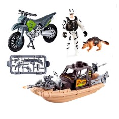 Set de joaca militar cu barca, sunete, lumini si motocicleta