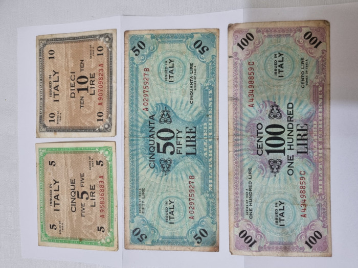 bancnote italia 1943 ocupatia aliata 4v.