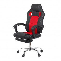 Scaun gaming, 114-124 cm, piele ecologica/mesh, suport picioare, maxim 120 kg, Negru/Rosu