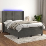 vidaXL Pat cu arcuri, saltea și LED, gri &icirc;nchis, 140x190 cm, catifea