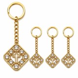 Cumpara ieftin Pachet 4 brelocuri aurii 9,3 cm cu pietre artificiale si cruce, romb 2,7 x 2,7 cm, lant 3,2 cm, inel 2,8 cm, port chei si marturii botez