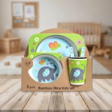 Set masa copii din fibre de bambus, 5 piese, Eco-friendly, Material biodegradabil, Design vesel, Farfurie compartimentata, Bol, Cana si Tacamuri