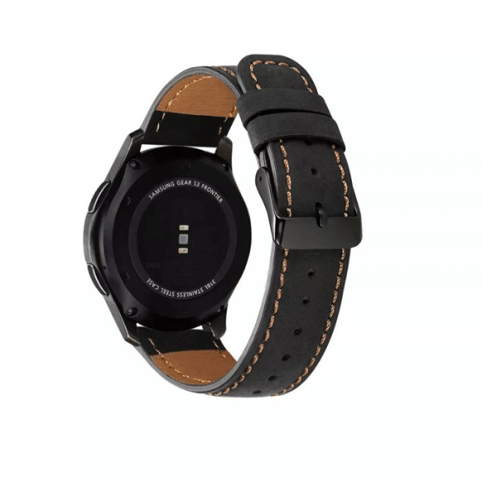 Curea smartwatch din Piele Neagra, 22mm, compatibila cu Huawei Watch sau Samsung Watch