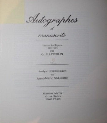 AUROGRAPHES ET MANUSCRITS VENTES PUBLIQUES 1982-1985 foto