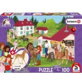 Puzzle 100 piese, Schleich - Horse Club: Grajduri de echitatie + Cadou: figurina cal, Schimdt